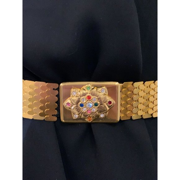 24"-26" Inch Vintage 1980's Rhinestone Gold Fish Scale Belt - Picture 2 of 6